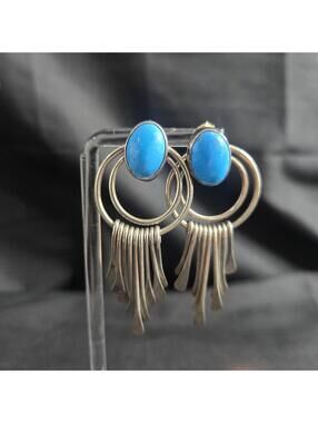 Vintage Taxco Sterling Silver Turquoise Dangle Earrings Mexico Fringe Statement